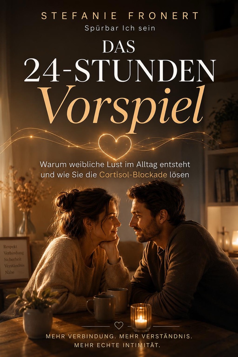 Buchcover „Das 24-Stunden-Vorspiel“ von Stefanie Fronert: ein Paar sitzt sich bei Kerzenlicht nah gegenüber und schaut sich in die Augen