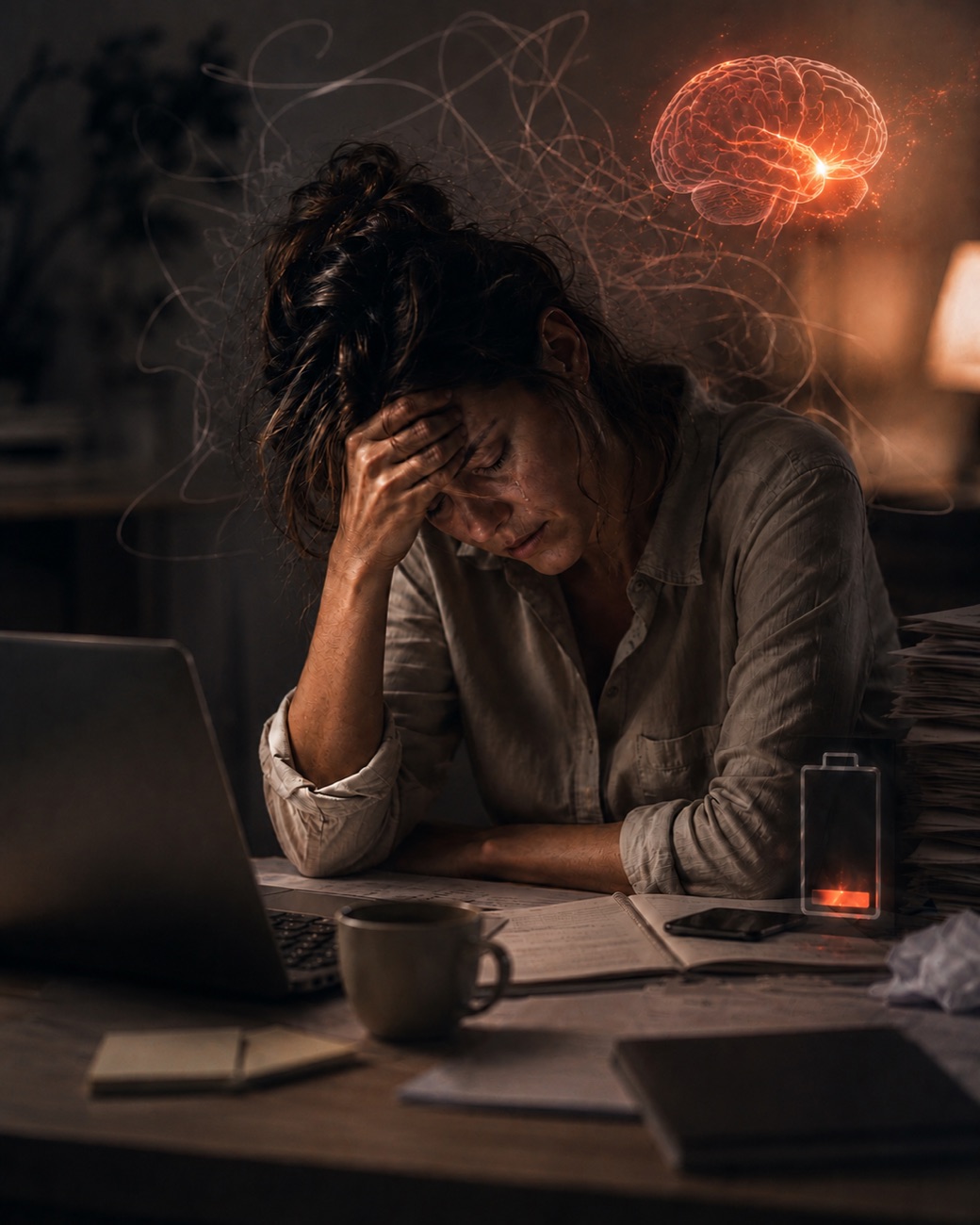 Erschöpfte Frau am Schreibtisch stützt den Kopf, über ihr ein überhitztes Gehirn und eine fast leere Batterie, Sinnbild für Burnout und Erschöpfung