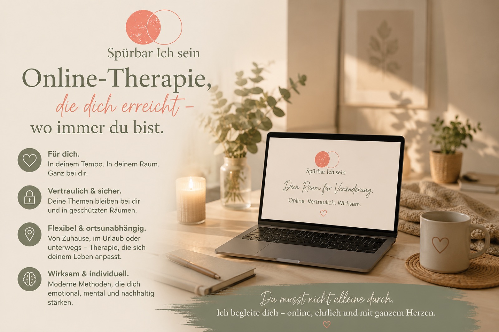 Online-Therapie von Spürbar Ich sein: Laptop auf einem Schreibtisch, dazu die Vorteile – für dich, vertraulich und sicher, flexibel und ortsunabhängig, wirksam und individuell