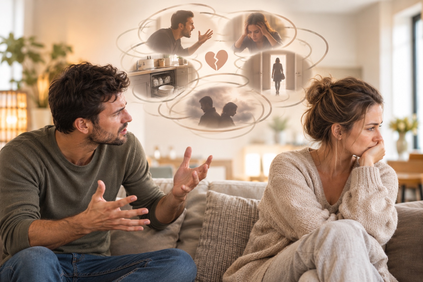 Paar sitzt auf dem Sofa, er redet mit den Händen, sie zieht sich zurück, darüber eine Gedankenblase mit Streitbildern
