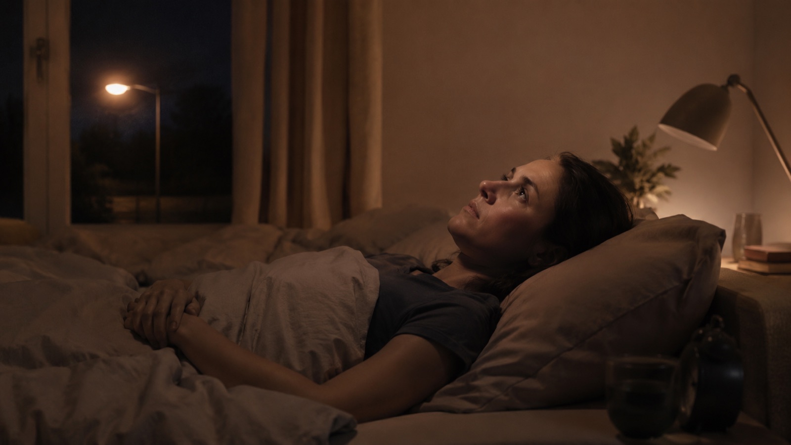 Person liegt nachts wach im Bett und starrt an die Decke, Sinnbild für innere Unruhe und Schlafprobleme