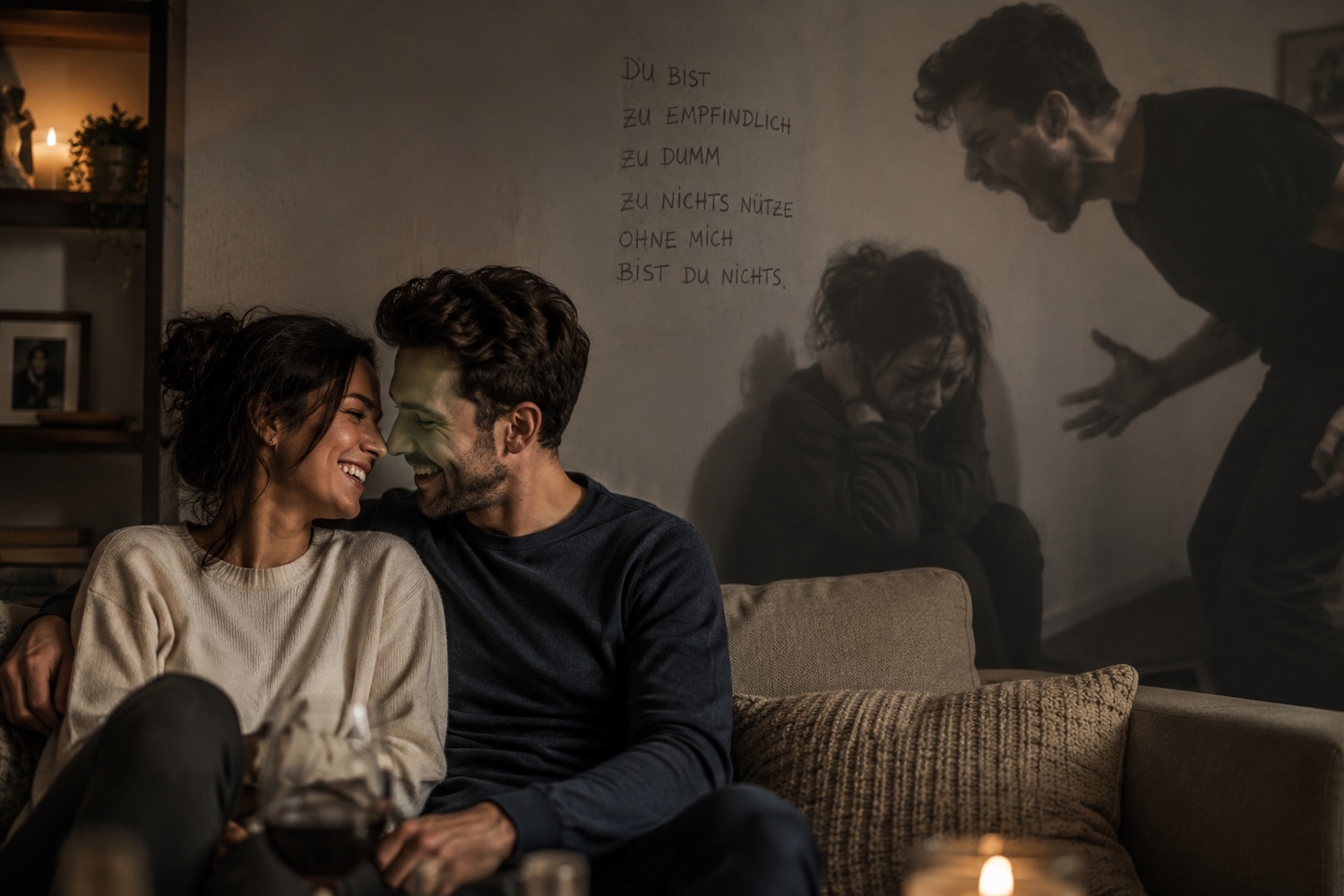 Paar sitzt vertraut lachend auf dem Sofa, an der Wand dahinter verblassen die Schatten der alten toxischen Beziehung