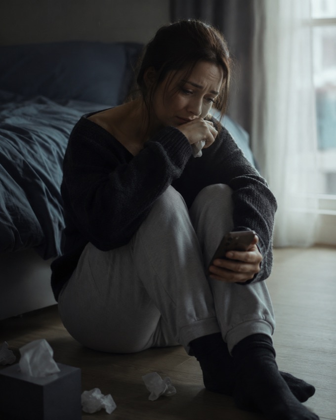Traurige Frau mit dem Smartphone nach einer Trennung